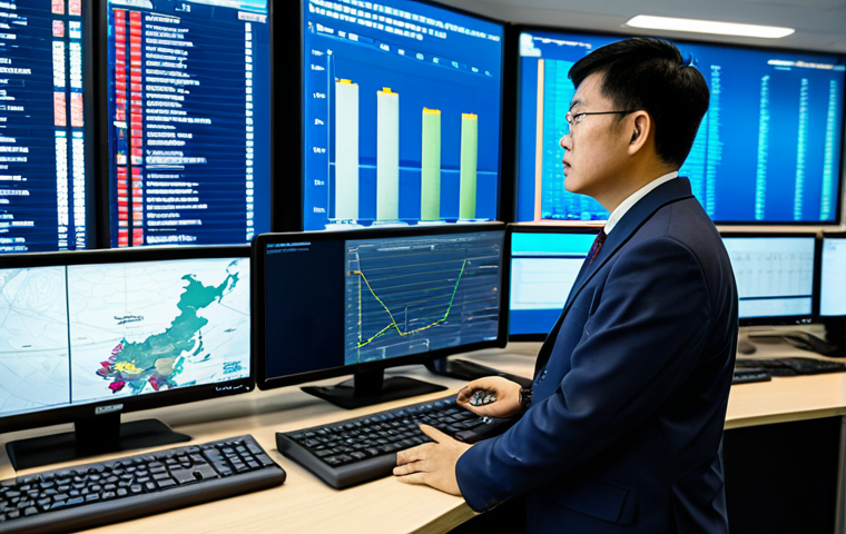 A professional Vietnamese logistics manager, fully clothed in a modest business suit, stands thoughtfully in a modern, well-lit logistics command center. One hand gestures towards a large, multi-screen display showing complex global shipping routes, real-time data charts indicating fluctuating costs, and images of congested port areas like Cat Lai or Hai Phong. The office features large windows overlooking a bustling port with container ships and stacks of containers, emphasizing real-world supply chain challenges. Desks with modern computers are visible in the foreground. The mood is focused, resilient, and analytical, conveying the complexities of real-world supply chain management contrasting with theoretical perfection. High-resolution, professional photography, perfect anatomy, correct proportions, natural pose, well-formed hands, proper finger count, natural body proportions. Safe for work, appropriate content, fully clothed, professional dress, modest clothing, family-friendly.