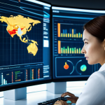 A focused female professional, fully clothed in a modest business suit, working diligently at a modern desk. Her hands are resting on a large, illuminated touch screen displaying complex data visualizations related to global trade, customs declarations, and risk analysis. The screen shows charts, maps, and digital flows, symbolizing advanced technology in international logistics. The setting is a sleek, futuristic customs intelligence center or a high-tech corporate office, with soft ambient lighting and blurred background elements suggesting a busy, interconnected world. Professional, efficient, forward-thinking, secure. High-resolution, crisp focus, cinematic lighting, professional photography, clean composition, perfect anatomy, correct proportions, natural pose, well-formed hands, proper finger count, natural body proportions. safe for work, appropriate content, fully clothed, professional, modest clothing, appropriate attire, professional dress.