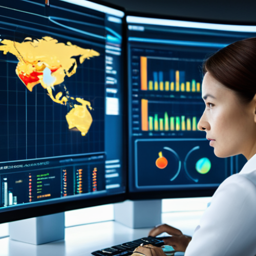 Home 8 A focused female professional, fully clothed in a modest business suit, working diligently at a modern desk. Her hands are resting on a large, illuminated touch screen displaying complex data visualizations related to global trade, customs declarations, and risk analysis. The screen shows charts, maps, and digital flows, symbolizing advanced technology in international logistics. The setting is a sleek, futuristic customs intelligence center or a high-tech corporate office, with soft ambient lighting and blurred background elements suggesting a busy, interconnected world. Professional, efficient, forward-thinking, secure. High-resolution, crisp focus, cinematic lighting, professional photography, clean composition, perfect anatomy, correct proportions, natural pose, well-formed hands, proper finger count, natural body proportions. safe for work, appropriate content, fully clothed, professional, modest clothing, appropriate attire, professional dress.