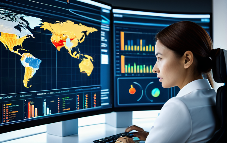 A focused female professional, fully clothed in a modest business suit, working diligently at a modern desk. Her hands are resting on a large, illuminated touch screen displaying complex data visualizations related to global trade, customs declarations, and risk analysis. The screen shows charts, maps, and digital flows, symbolizing advanced technology in international logistics. The setting is a sleek, futuristic customs intelligence center or a high-tech corporate office, with soft ambient lighting and blurred background elements suggesting a busy, interconnected world. Professional, efficient, forward-thinking, secure. High-resolution, crisp focus, cinematic lighting, professional photography, clean composition, perfect anatomy, correct proportions, natural pose, well-formed hands, proper finger count, natural body proportions. safe for work, appropriate content, fully clothed, professional, modest clothing, appropriate attire, professional dress.