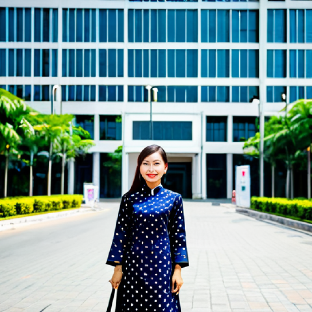 국제무역사 시험 필기에서 유의할 점 - **Subject:** A confident female entrepreneur in Ho Chi Minh City. **Clothing:** She is wearing a sty...