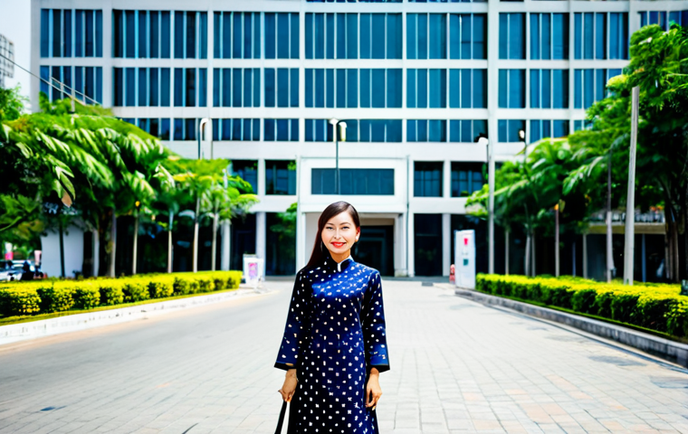 국제무역사 시험 필기에서 유의할 점 - **Subject:** A confident female entrepreneur in Ho Chi Minh City. **Clothing:** She is wearing a sty...