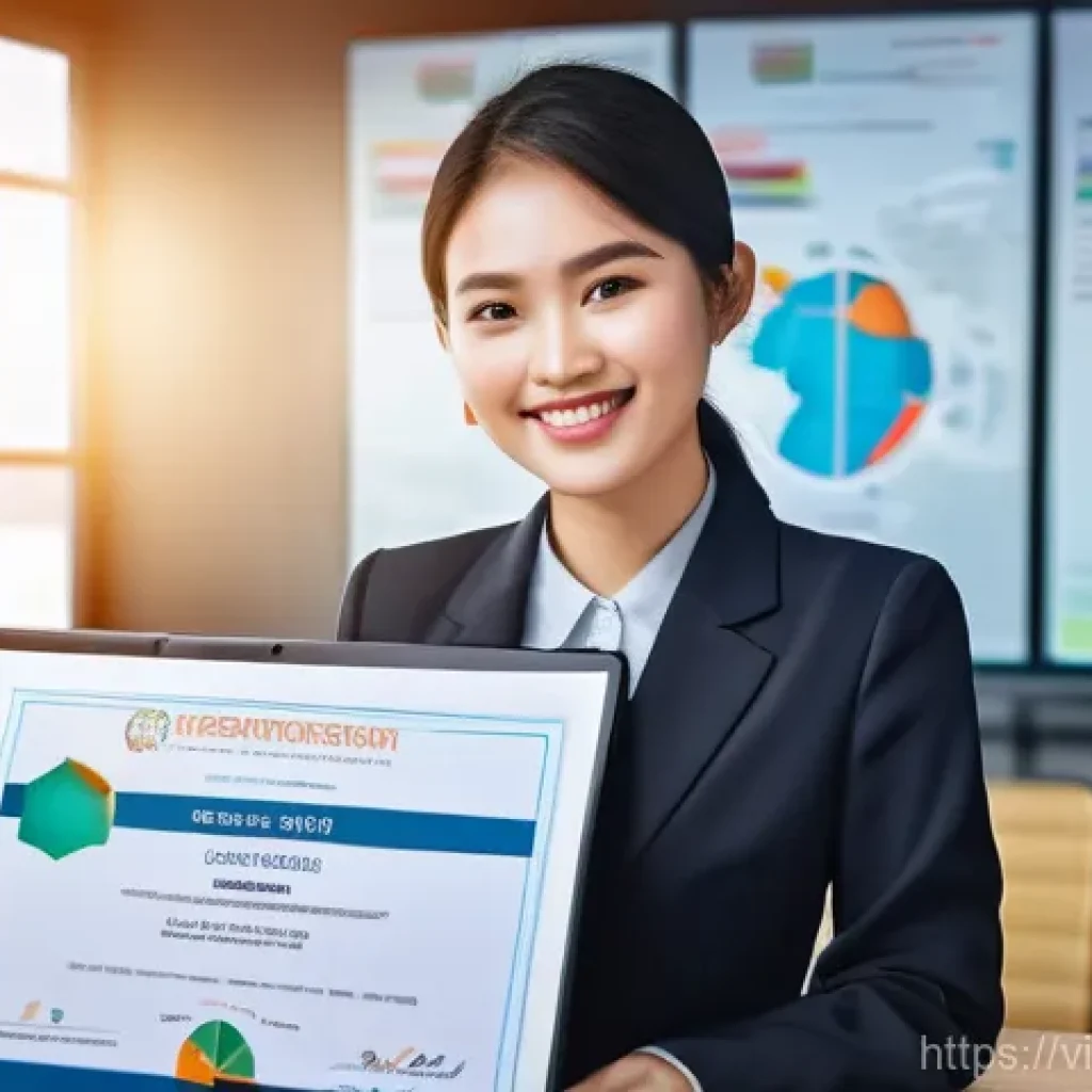 무역업계 자격증 전망 - **Prompt:** A vibrant, dynamic image of a young Vietnamese professional, male or female, in a modern...
