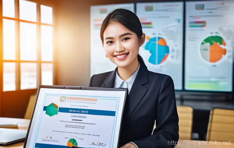 무역업계 자격증 전망 - **Prompt:** A vibrant, dynamic image of a young Vietnamese professional, male or female, in a modern...