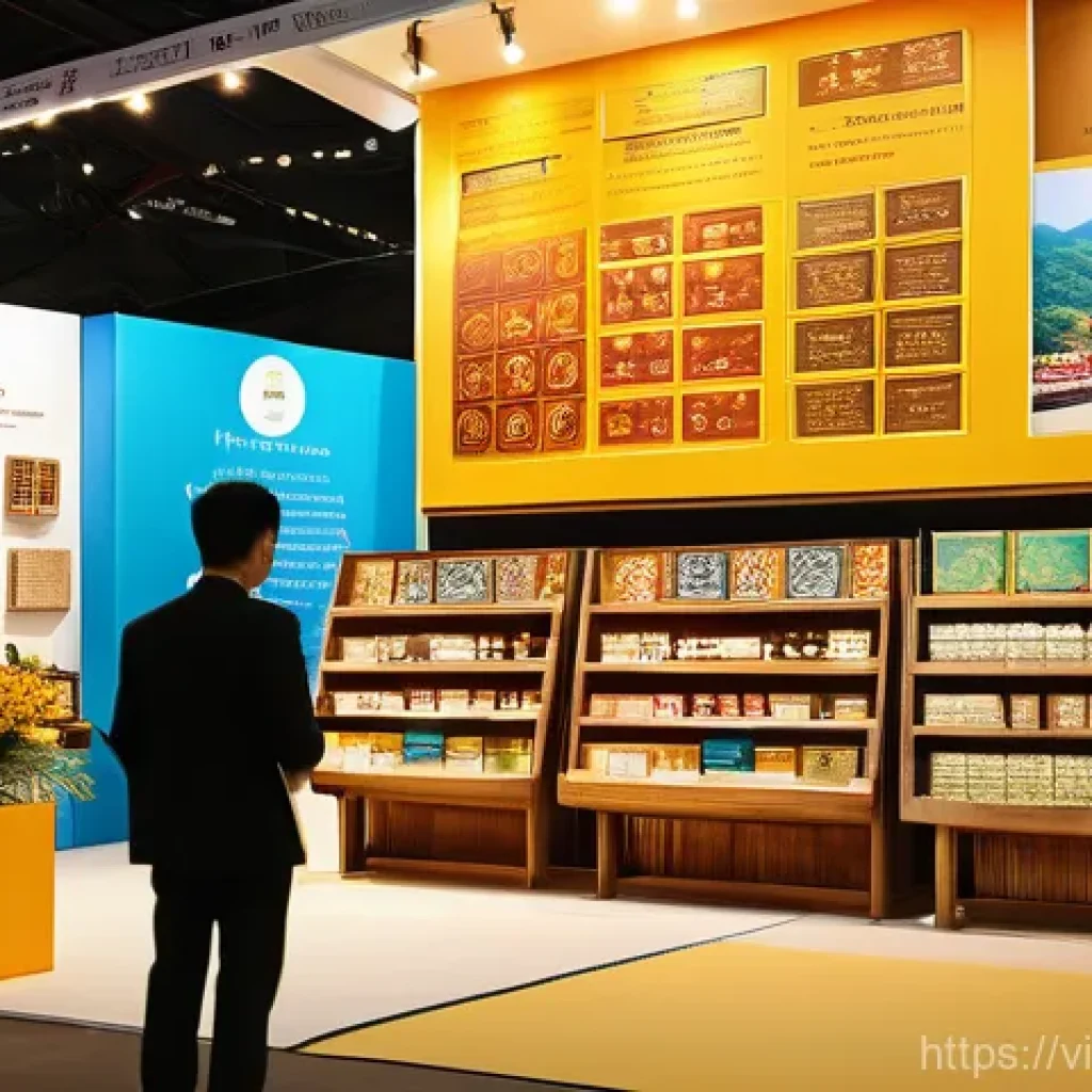 무역업계에서의 성공 비결 - **Prompt:** A vibrant, bustling international trade fair booth showcasing an array of exquisitely pa...