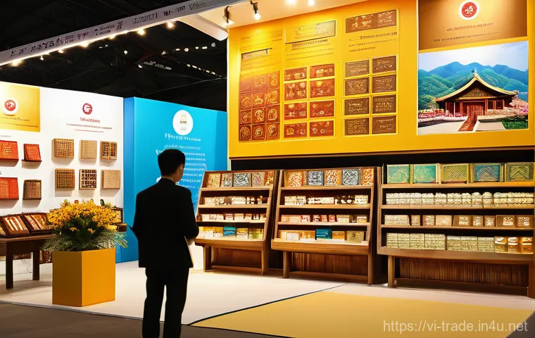무역업계에서의 성공 비결 - **Prompt:** A vibrant, bustling international trade fair booth showcasing an array of exquisitely pa...