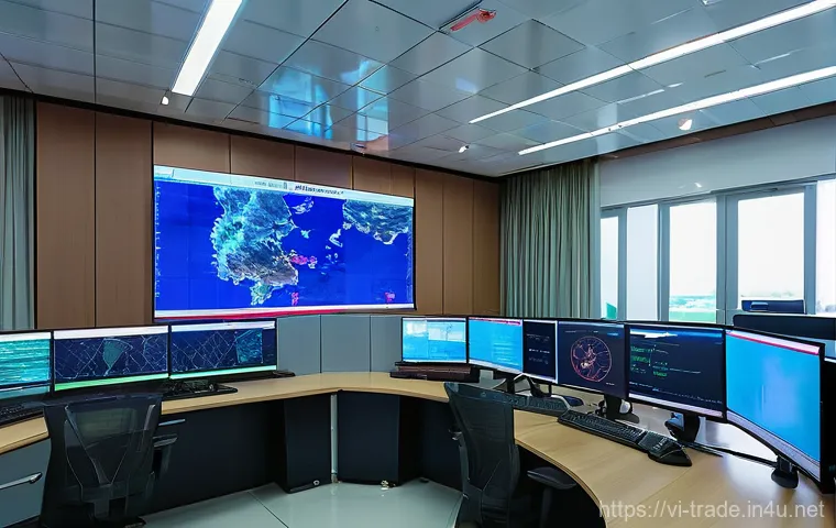 수출입 통관 절차 완벽 가이드 - **Prompt:** A dynamic, wide-angle shot of a modern Vietnamese customs office interior. Professional ...