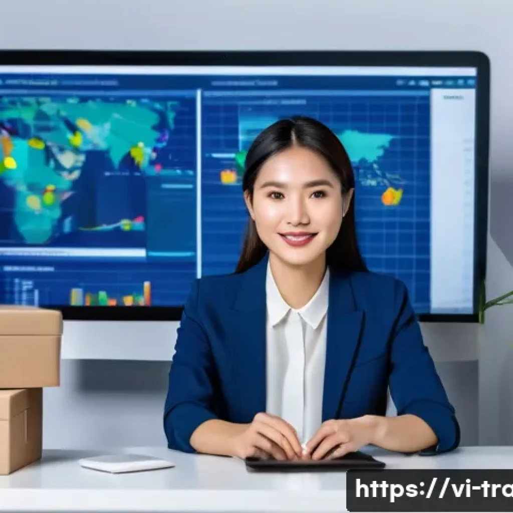 무역업계의 주요 키워드 트렌드 - **Prompt:** A vibrant and dynamic scene depicting a modern Vietnamese female entrepreneur in her lat...