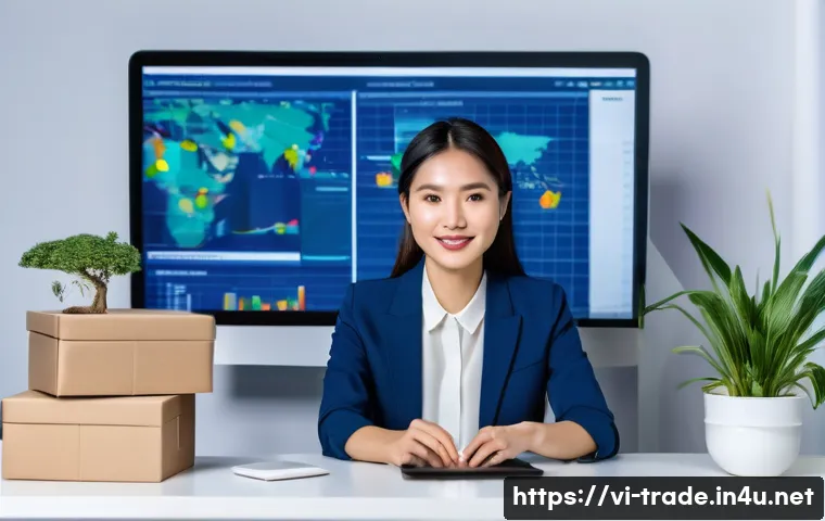 무역업계의 주요 키워드 트렌드 - **Prompt:** A vibrant and dynamic scene depicting a modern Vietnamese female entrepreneur in her lat...