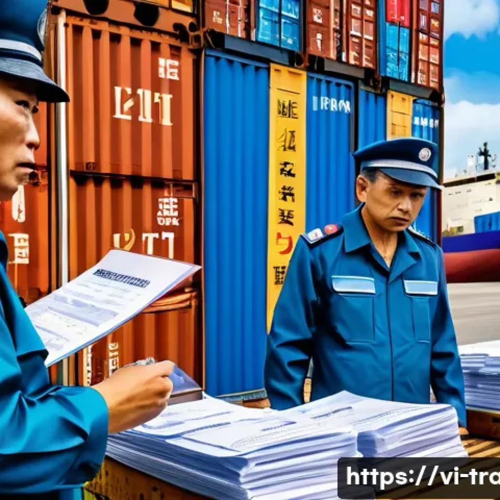 국제무역사 시험에 나오는 주요 법규 - A detailed scene of a busy Vietnamese customs office at an international port, showing customs offic...
