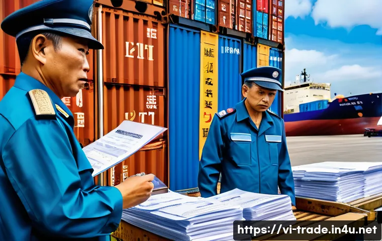 국제무역사 시험에 나오는 주요 법규 - A detailed scene of a busy Vietnamese customs office at an international port, showing customs offic...