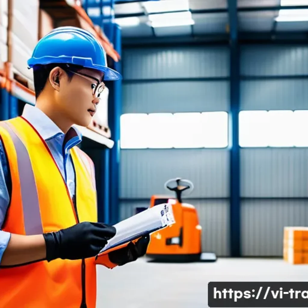 국제무역사 합격 후 실무 적용 사례 - A professional Vietnamese logistics manager in a modern warehouse, wearing business casual attire wi...