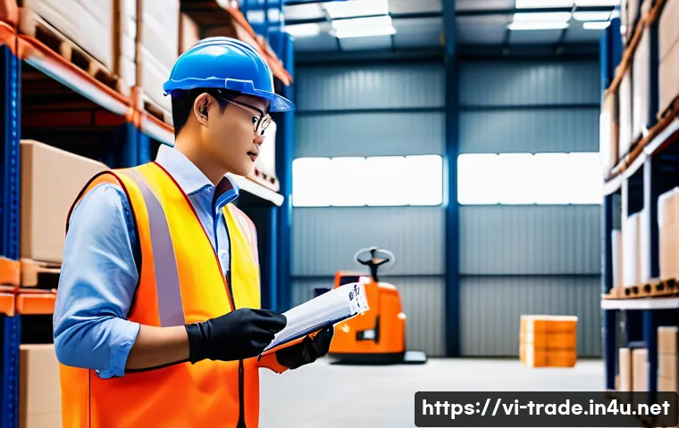 국제무역사 합격 후 실무 적용 사례 - A professional Vietnamese logistics manager in a modern warehouse, wearing business casual attire wi...