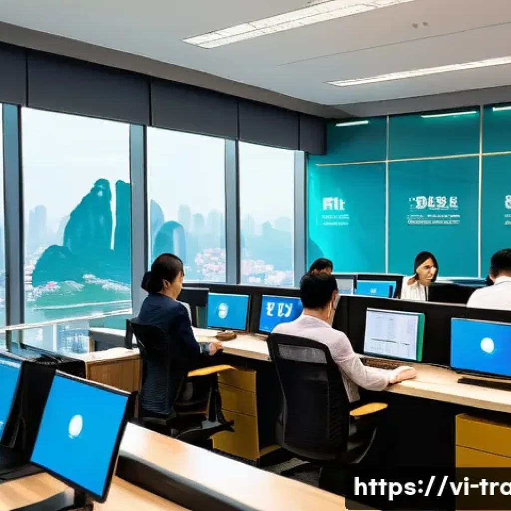 무역업계에서의 직무 분석 - A busy international trade office scene in Vietnam, featuring a diverse team of professionals collab...