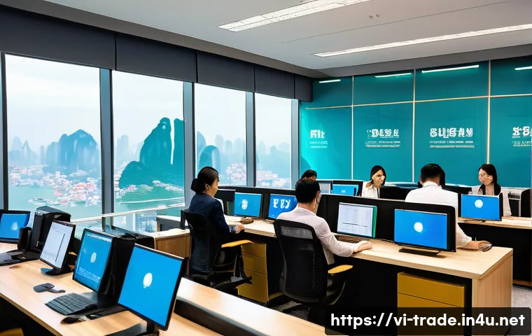 무역업계에서의 직무 분석 - A busy international trade office scene in Vietnam, featuring a diverse team of professionals collab...