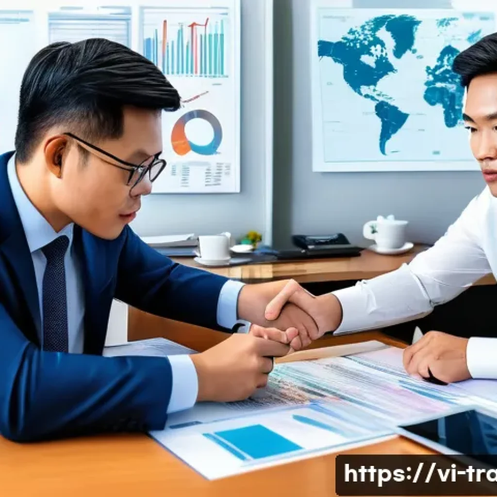 무역 대금 결제 방식 이해하기 - A professional international trade office scene showing a Vietnamese businessman and a foreign partn...