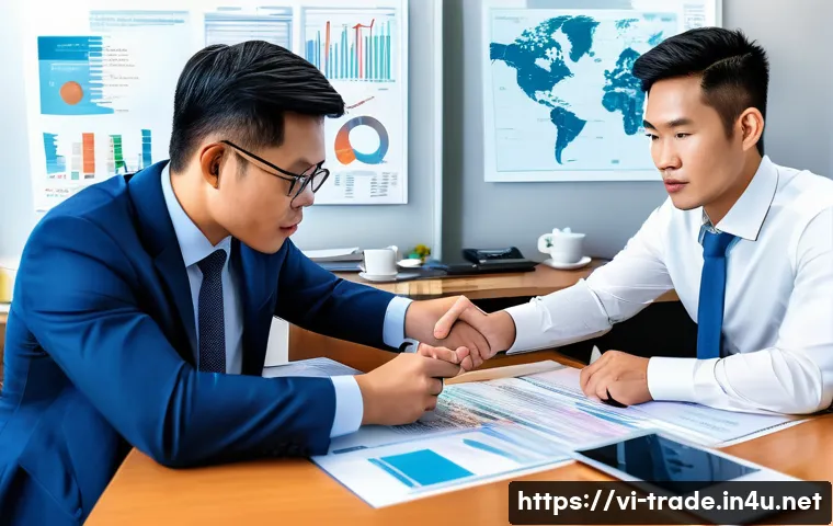 무역 대금 결제 방식 이해하기 - A professional international trade office scene showing a Vietnamese businessman and a foreign partn...