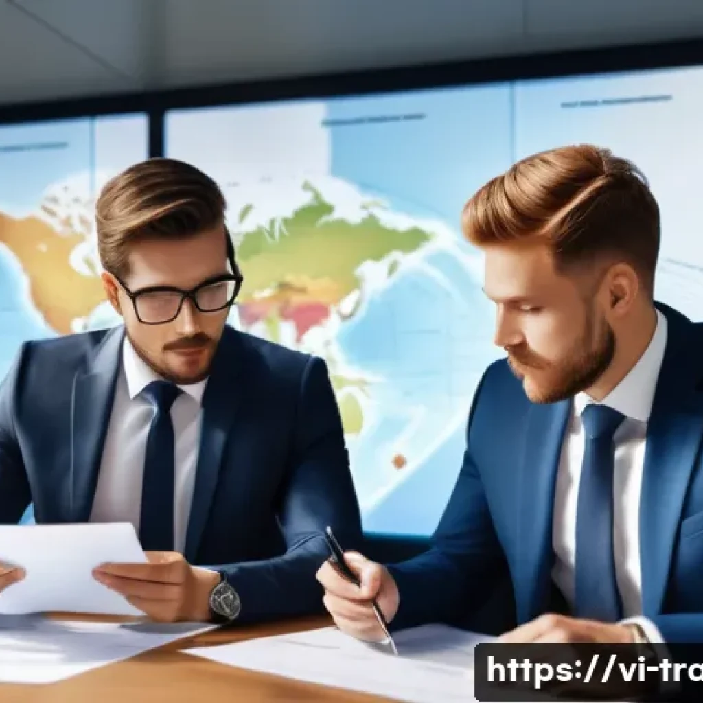 무역 계약 클레임 사례 분석 - A detailed professional business scene showing two international trade partners negotiating a commer...