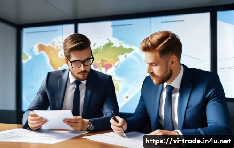 무역 계약 클레임 사례 분석 - A detailed professional business scene showing two international trade partners negotiating a commer...
