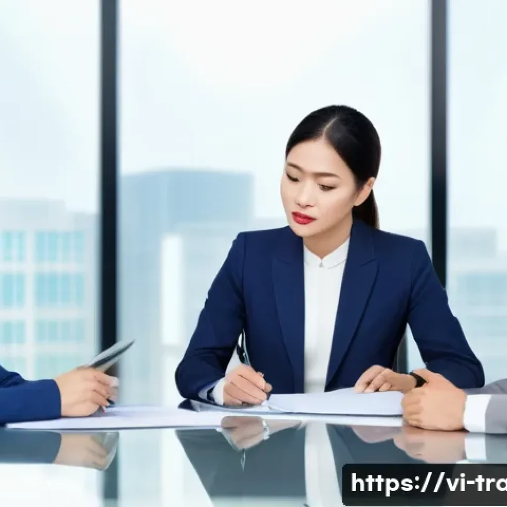 국제무역사의 취업 및 연봉 - A professional Vietnamese businesswoman in formal attire, confidently negotiating an international t...