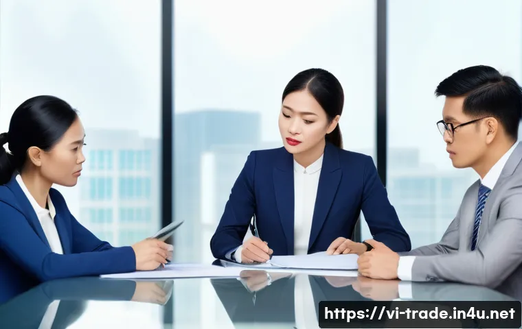 국제무역사의 취업 및 연봉 - A professional Vietnamese businesswoman in formal attire, confidently negotiating an international t...