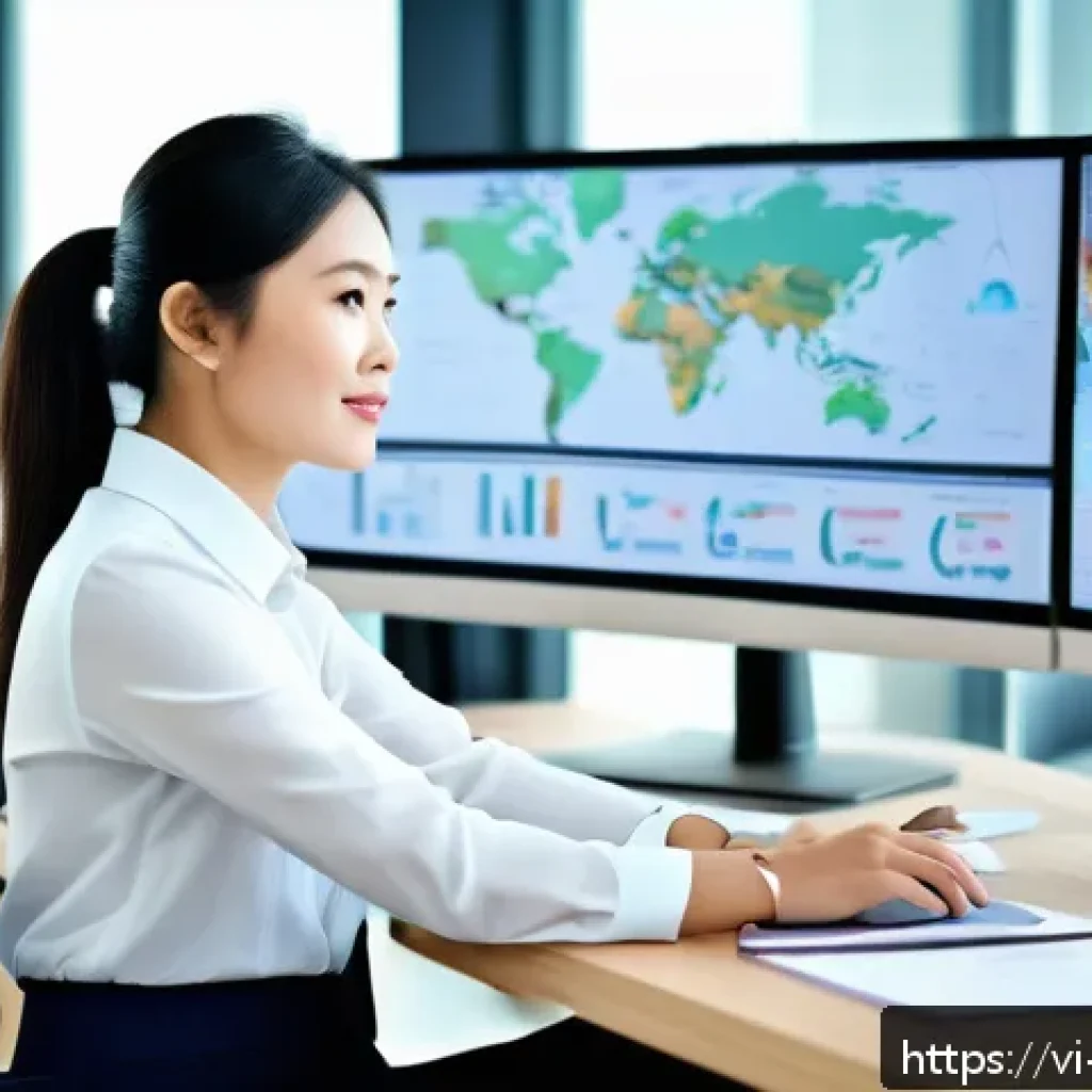 무역 실무에서 성공하는 비결 - A detailed professional office scene showing a Vietnamese businesswoman in smart casual attire discu...