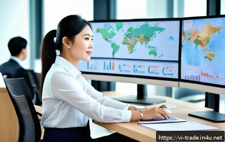 무역 실무에서 성공하는 비결 - A detailed professional office scene showing a Vietnamese businesswoman in smart casual attire discu...
