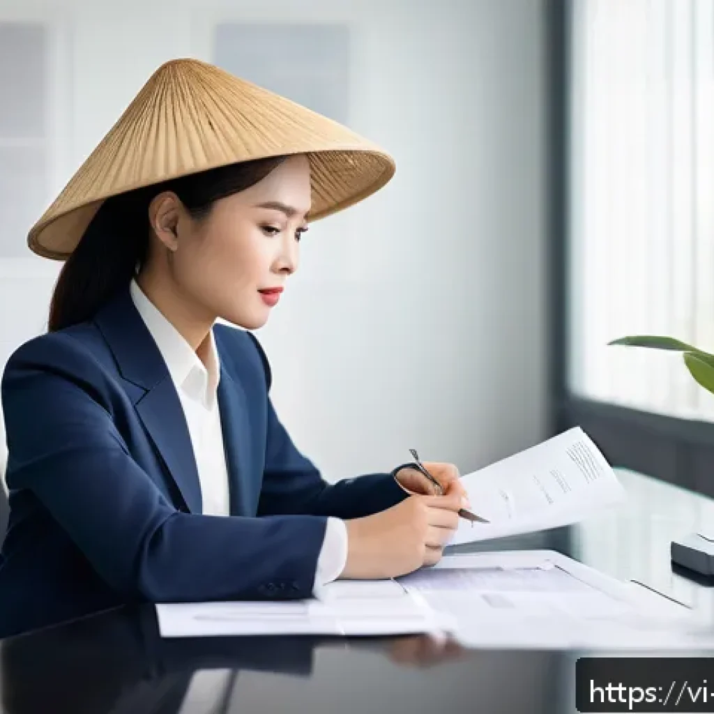 무역업계 연봉 협상 팁 - A confident Vietnamese professional woman in business attire sitting at a modern office desk during ...