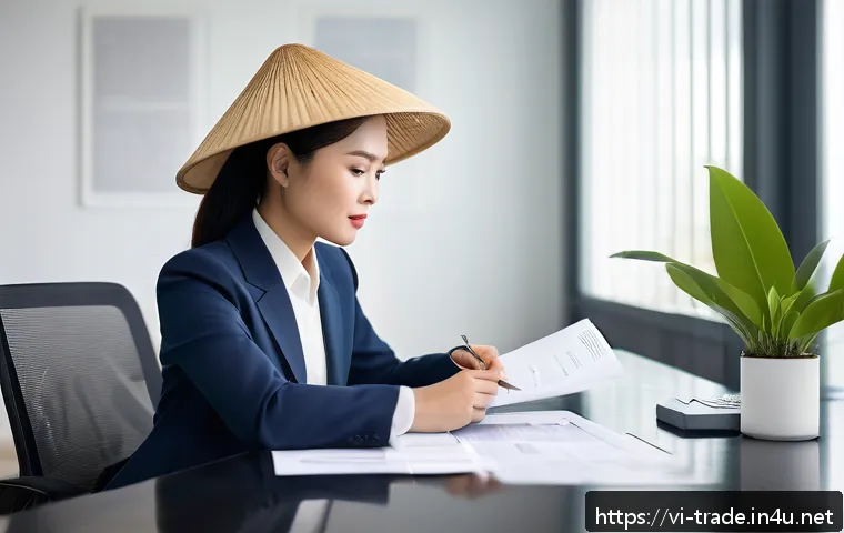 무역업계 연봉 협상 팁 - A confident Vietnamese professional woman in business attire sitting at a modern office desk during ...