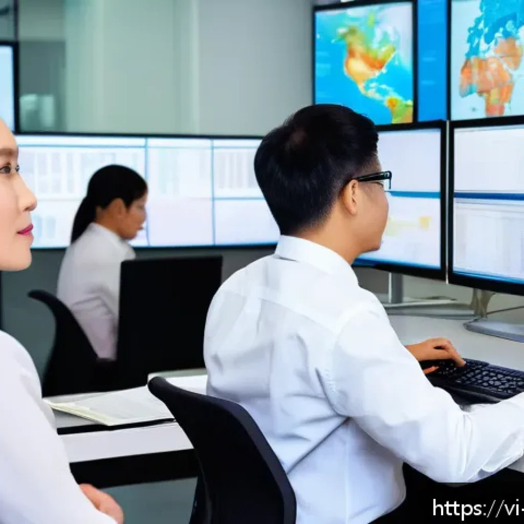 수출입 클레임 방지 사례 - A modern Vietnamese logistics office scene showing a diverse team of professionals analyzing detaile...