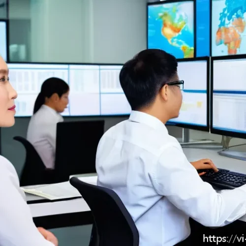 Home 33 수출입 클레임 방지 사례 - A modern Vietnamese logistics office scene showing a diverse team of professionals analyzing detaile...