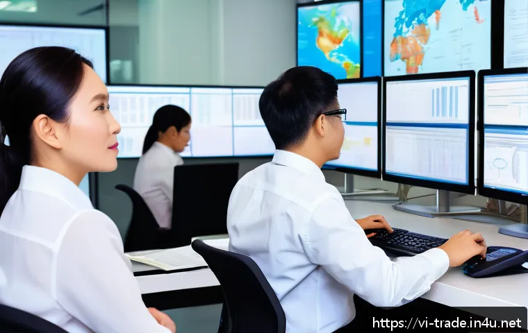 수출입 클레임 방지 사례 - A modern Vietnamese logistics office scene showing a diverse team of professionals analyzing detaile...