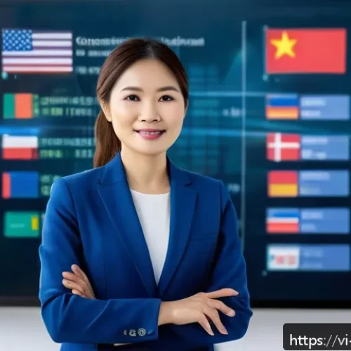 Home 32 국제무역사 자격증 효용성 분석 - A professional Vietnamese businesswoman in smart casual attire, confidently presenting international...