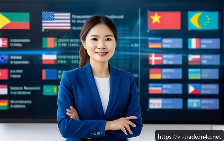 국제무역사 자격증 효용성 분석 - A professional Vietnamese businesswoman in smart casual attire, confidently presenting international...