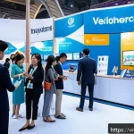 Home 18 무역박람회 참여 노하우 - A vibrant trade show booth in a bustling Vietnamese exhibition hall, featuring modern design with br...