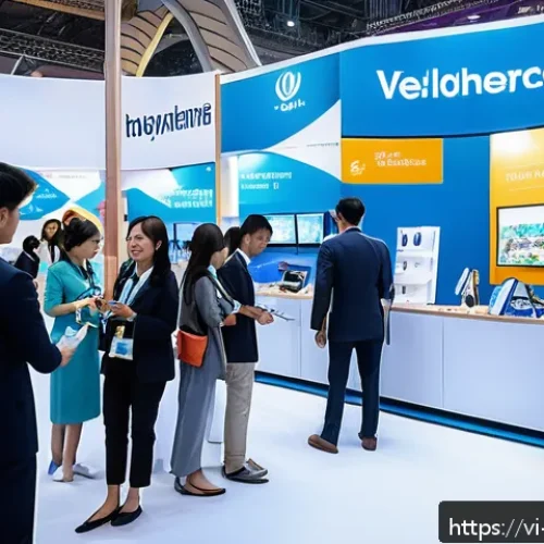 Home 30 무역박람회 참여 노하우 - A vibrant trade show booth in a bustling Vietnamese exhibition hall, featuring modern design with br...
