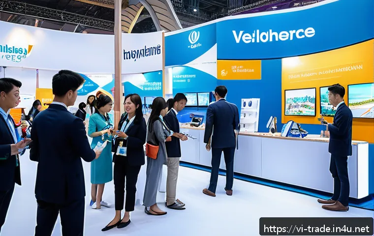 무역박람회 참여 노하우 - A vibrant trade show booth in a bustling Vietnamese exhibition hall, featuring modern design with br...