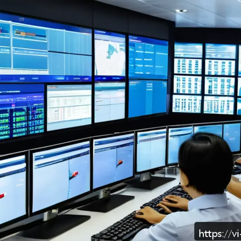 무역 실무에서의 온라인 플랫폼 활용법 - A modern logistics control room in Vietnam featuring diverse professionals using multiple large digi...