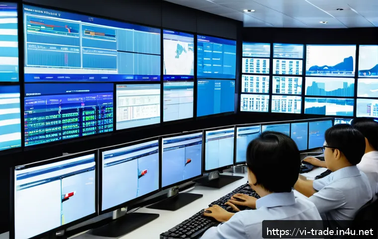 무역 실무에서의 온라인 플랫폼 활용법 - A modern logistics control room in Vietnam featuring diverse professionals using multiple large digi...